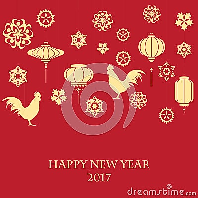 Happy Chinese new year 2017 of color rooster with lantern and flowers Stock Photo