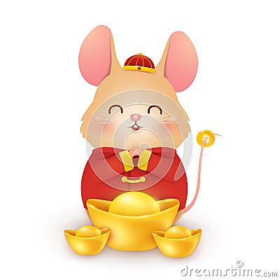 Happy Chinese New Year 2020. Cute cartoon Little Rat character design with traditional Chinese red costume and chinese Vector Illustration