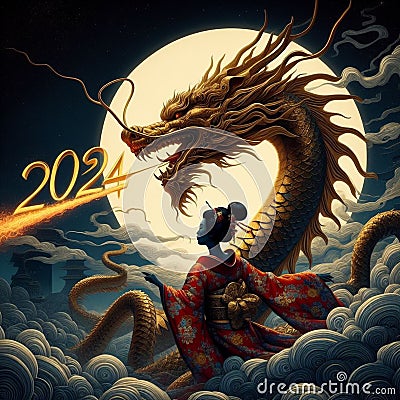 Happy Chinese new year 2024 with the dragon asian woman and the moon, poster shunga painting art Stock Photo