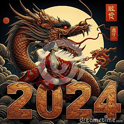 Happy Chinese new year 2024 with the dragon asian woman and the moon, poster shunga painting art Stock Photo