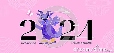 Happy Chinese New Year 2024. Year of the Dragon. Lunar new year celebration concept for greeting card. Dragon in rubber Vector Illustration