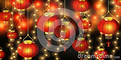 Happy Chinese New year. Chinese new year Festive red lanterns in china town Fairy Lights at Night. design for card Vector Illustration