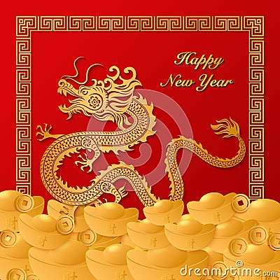 Happy Chinese New Year golden dragon paper cut art and ingot squre spiral frame Vector Illustration