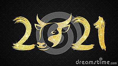 Happy Chinese new year 2021. Golden glittering bull zodiac sign with number in grunge style on a black background with pattern. Vector Illustration