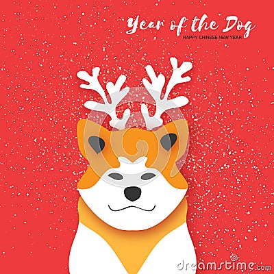 2018 Happy Chinese New Year Greeting Card. Chinese year of the Dog. Paper cut Akita Inu doggy with horns. Snow Vector Illustration