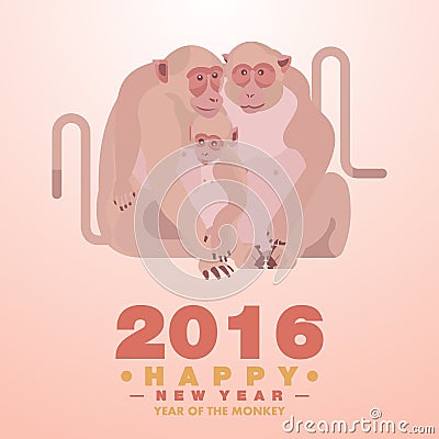 Happy Chinese New Year 2016 Greeting Card Monkey Family Vector Illustration