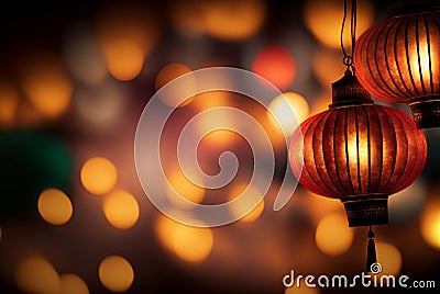 Happy Chinese New Year 2023 greeting card with traditional asian lanterns on red glowing banner background. Generative Ai Stock Photo