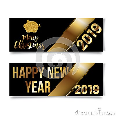 Happy 2019, Chinese new year greetings, Year of the gold pig , fortune, Translation: Happy new year rich pig Chinese characters me Stock Photo