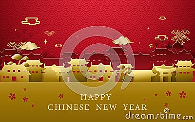 Happy Chinese new year greetings. Gold and red Chinese village background Vector Illustration