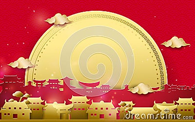 Happy Chinese new year greetings. Gold and red Chinese village with big moon background Vector Illustration