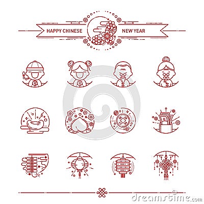 Happy Chinese New Year Icons Set Vector Illustration