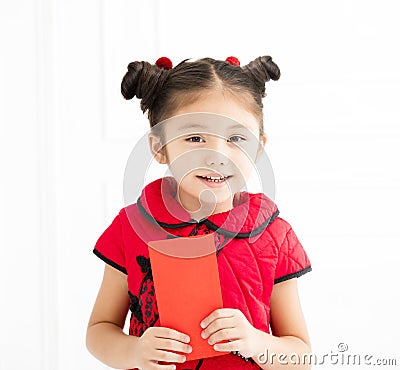 Chinese new year. little girls holding red envelope Stock Photo