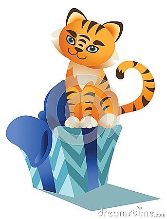 Happy Chinese New Year 2022, little tiger cub with a gift box with a bow. Vector illustration Vector Illustration