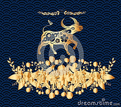 Happy chinese new year 2021 of the ox. Gold zodiac sign, gold floral bouquet decoration for greetings card, invitation, posters, Vector Illustration