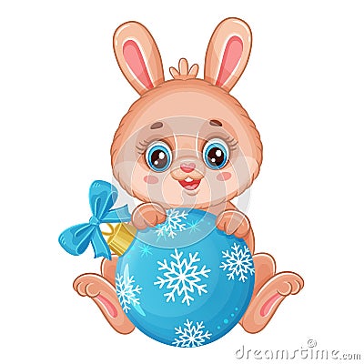 Happy Chinese New Year of rabbit. Bunny character with Christmas holiday tree ball toy. Hare animal. China horoscope. Vector Vector Illustration