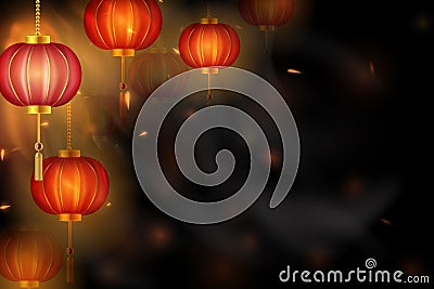 Happy Chinese New year. Chinese red lanterns on a dark background design for card, flyers, invitation, posters, brochure, banners Vector Illustration