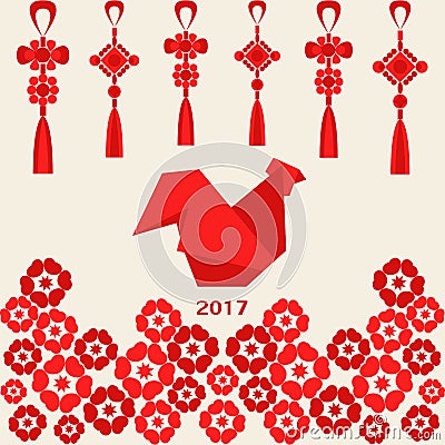 Happy Chinese new year 2017 of red rooster with decoration and flowers Vector Illustration