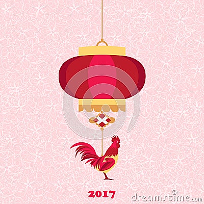 Happy Chinese new year 2017 of red rooster with lantern and flowers Vector Illustration