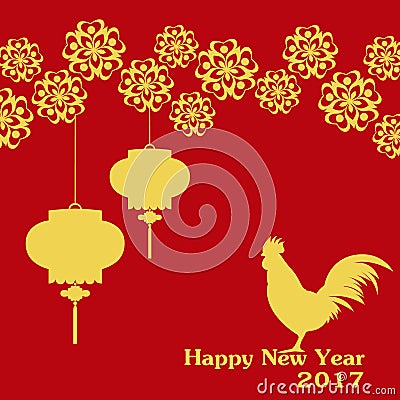 Happy Chinese new year 2017 of red rooster with lantern and flowers Vector Illustration