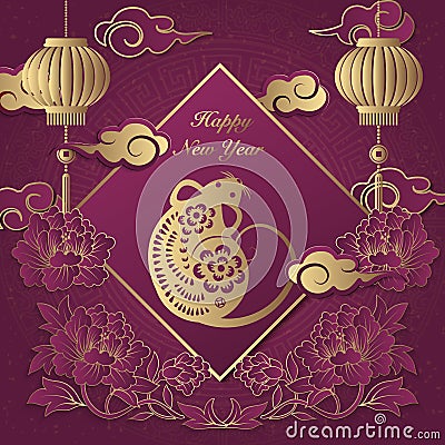 2020 Happy Chinese new year of retro elegant relief peony flower lantern rat cloud ingot and spring couplet Vector Illustration