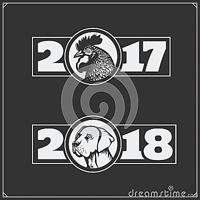 Happy chinese new year 2017 with rooster and happy chinese new year 2018 with dog. Vector Illustration