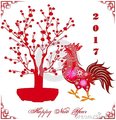 Happy Chinese New Year 2017 of the Rooster - lunar - with firecock and plum blossom Vector Illustration