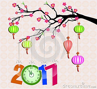 Happy Chinese New Year 2017 of the Rooster - lunar - with firecock and plum blossom Vector Illustration