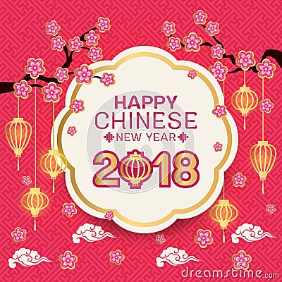 Happy Chinese new year 2018 text on Gold border white circle banner and pink flowers branch, lantern and pink china pattern abstra Vector Illustration