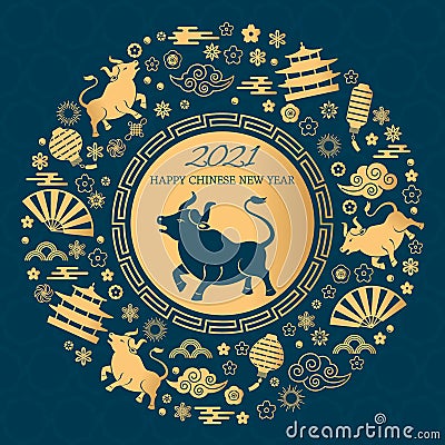 Happy chinese new year. the white metal ox is a symbol of 2021, the Chinese New Year Cartoon Illustration