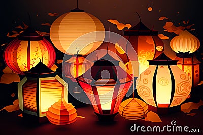 Happy Chinese New Year written in Hanzi on spring couplet with red lanterns and bokeh glittering background. Stock Photo