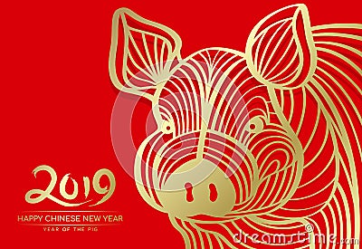 Happy Chinese new year 2019 and year of pig card with Gold head pig abstract line on red background vector design Vector Illustration