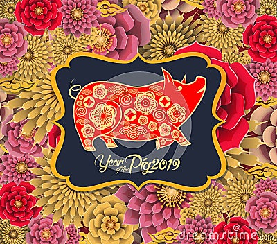 Happy chinese new year 2019 Zodiac sign with gold paper cut art and craft style on color Background. Chinese characters mean Happy Stock Photo