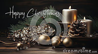 Happy Christmas Card Design - Gold Candles and Fir cone Festive Background Stock Photo