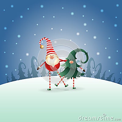 Happy Christmas Gnomes friends playing and dancing - blue winter night landscape Vector Illustration