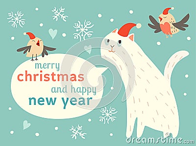 Happy Christmas and Happy New Year card with cute cats and birds in Santa hat Vector Illustration