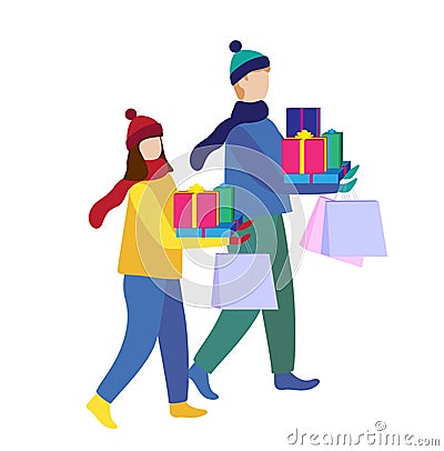 Happy christmas holiday. Winter people walking at city with shopping. Christmas presents Stock Photo