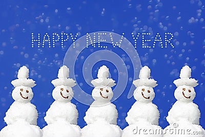 Happy Christmas and New Year message, five smiling snowmen again Stock Photo