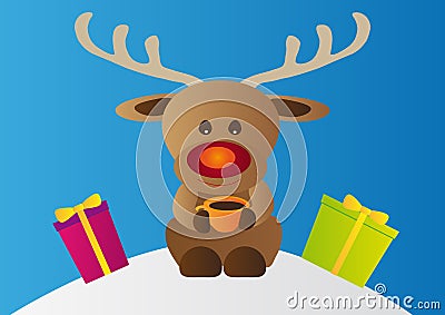 Happy Christmas reindeer with cup of coffee sitting on the hill with snow isolated on blue background Vector Illustration