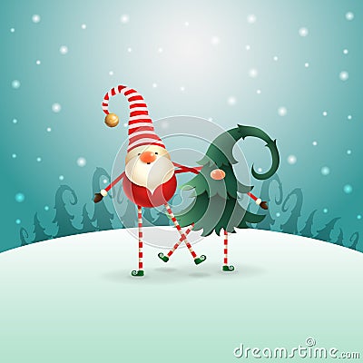 Happy Christmas Scandinavian Gnomes friends playing and dancing - green blue winter night landscape Vector Illustration