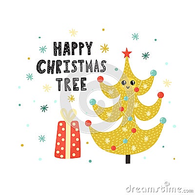 Happy Christmas tree cute print. Winter funny background. Vector Illustration