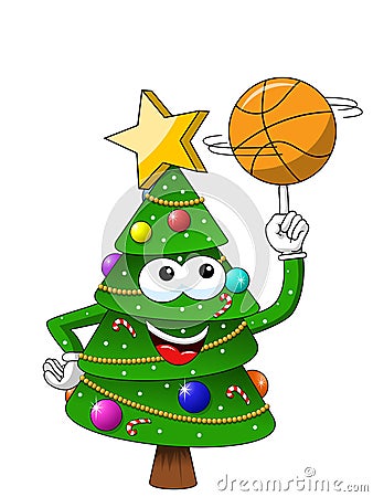 Happy Christmas or xmas character mascot playing basketball isolated on white Vector Illustration