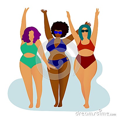 Happy chubby girls in swimsuits. Body positive. Love your body. Girls on the beach. Acceptance of your body Vector Illustration