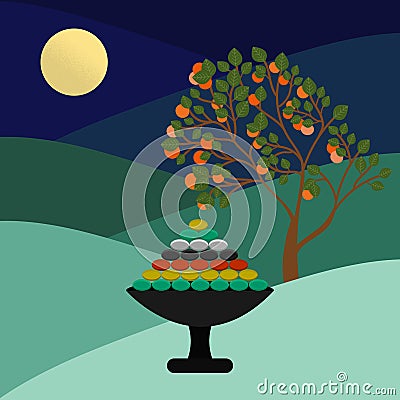 Happy chuseok in cartoon style on purple background. Autumn harvest holiday background. Thanksgiving day. Korean holiday - chuseok Cartoon Illustration