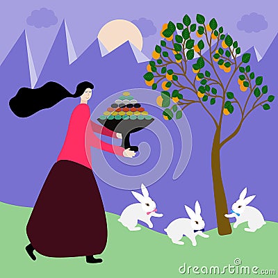 Happy chuseok in cartoon style on purple background. Autumn harvest holiday background. Thanksgiving day. Korean holiday - chuseok Cartoon Illustration