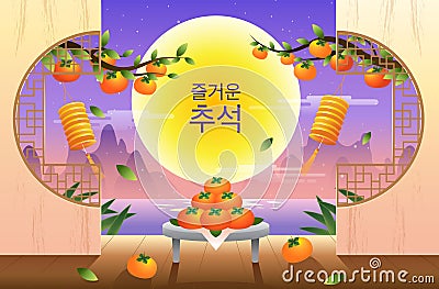 Happy Chuseok, Mid autumn festival, rabbits , Fantasy Background Vector Illustration