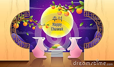 Happy Chuseok, Mid autumn festival. rabbits , Moon Festival , Thanksgiving in korea ,vector illustration Vector Illustration