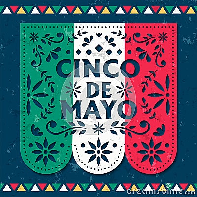 Happy Cinco de Mayo card of mexican paper cut flag Vector Illustration