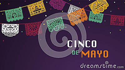 Happy Cinco de Mayo greeting banner with papel picado garland for mexico independence celebration. Vector Illustration