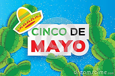 Happy Cinco de Mayo Greeting card. Origami Mexican sombrero hat, succulents. Text Vector Illustration