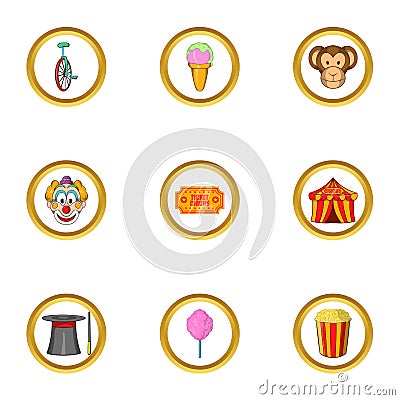 Happy circus icon set, cartoon style Vector Illustration